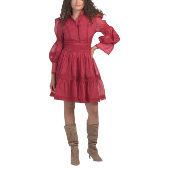 DALIA MACPHEE Long Sleeve Lace Trim Mini Dress - Picture 1 of 4
